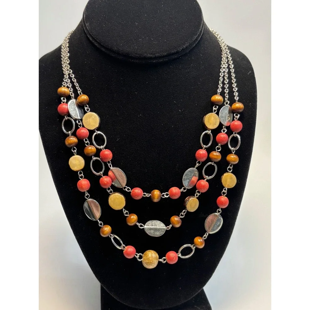 NY and Co‎ Layered Necklace Silver Red Brown Wood Bead Multi Strand Statement